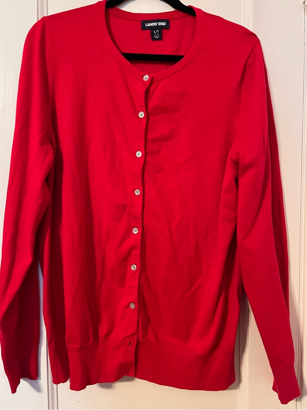 Lands' End Red Button-Front Crewneck Cardigan Sweater Size L Tall (14-16)